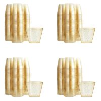 Gold Plastic Cups Clear Plastic Wine Glasses, Fancy Disposable Hard Plastic Cups with Gold Glitter for Party Cups 200Pcs