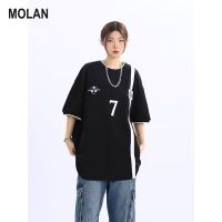 MOLAN เสื้อเสื้อยืดลายเรียบคอกลมบุคลิกหล่อของผู้ชายด้านหลังหลวมแขนสั้น