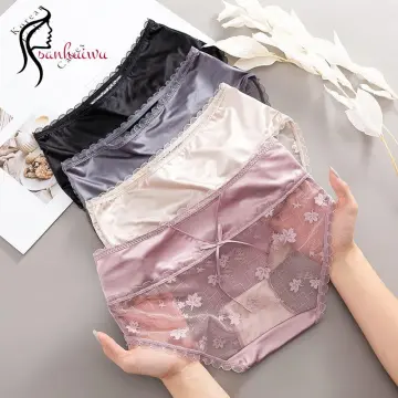 Cheap Women Bowknot Mid Waist Satin Panties Solid Color Spaghetti Strap  Lace Briefs Hollow Out Seamless