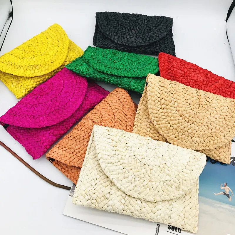 Straw Clutch Bag,Women Straw Weave Handbag Envelope Flat Summer Clutch  Purse Beach Bag