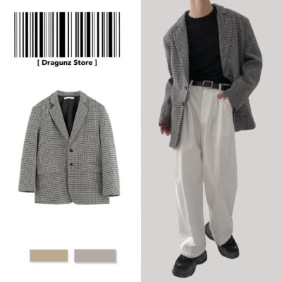 Draz Korean Mens Blazer Streetwear Loose Style Soft Cotton Uni Jacket Plaid Lapel