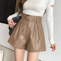 REALEFT Autumn Winter Womens Faux PU Leather Shorts with Belted  New High Waist Ladies Elegant Short Trousers Pocket Female