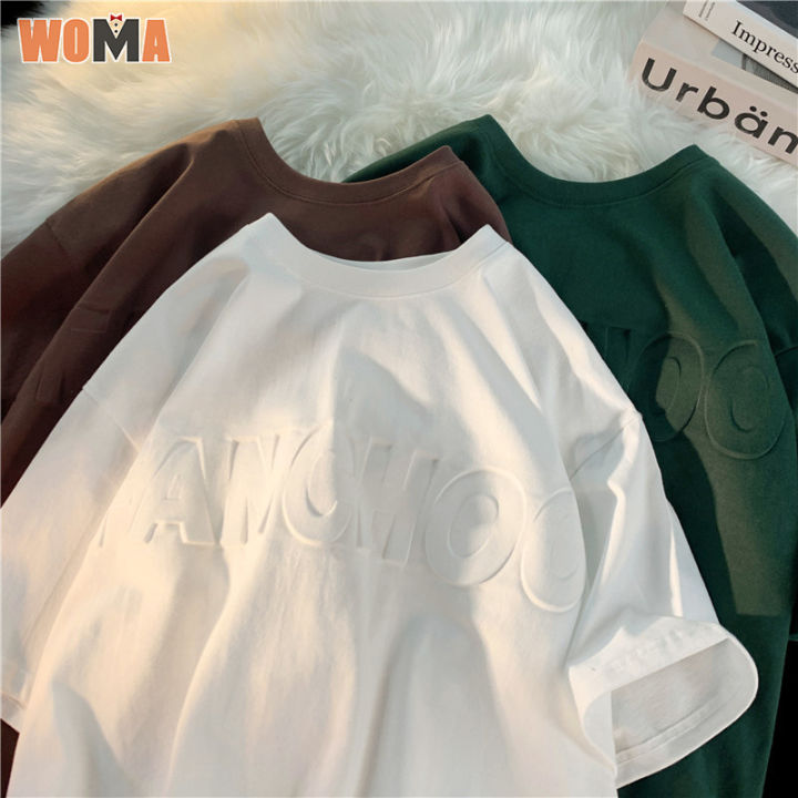 woma-เสื้อแขนสั้นผู้ชาย-เสื้อแขนสั้นอเมริกาแบบย้อนยุคไฮสตรีทเสื้อยืดแขนสั้นผ้าเนื้อหนาแขนสั้นสำหรับคอกลมหลวมฤดูร้อน