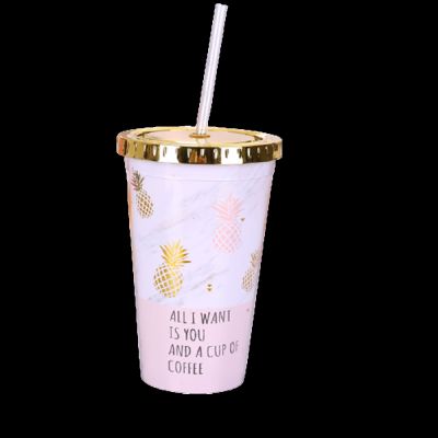 [HOT LZLIOGWOHIOWO 537] สีชมพูสับปะรดแก้วกาแฟ BPA ฟรีขวดน้ำพลาสติกแก้วเดินทางแบบพกพาชานมน้ำผลไม้ถ้วยด้วยฟาง Drinkware 420มิลลิลิตร1ชิ้น