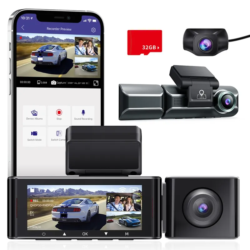 Channel Dash Cam Front Inside Rear Three Way Car Dash Camera, 2K+1080P Dual  Channel With GPS WiFi IR Night Vision Camcorder