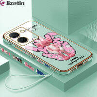 Jizetin VIVO Y27 5G ฟรีสายคล้อง + แฟชั่นแบรนด์ขอบสี่เหลี่ยม,เคสโทรศัพท์ชุบหรูหราเคสโทรศัพท์นิ่ม