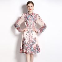 Women Dress Spot Real  Elegant Long Sleeve  Vintage Printed Midi Dress