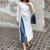 ZANZEA Women Casual Full Sleeve O-Neck Solid Color Front Slit Long Blouse