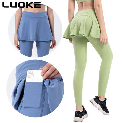 Luoke กางเกงโยคะกางเกงผู้หญิงกระโปรงสองชิ้นปลอมกางเกงรัดรูปถึงสะโพกกางเกงโยคะใหม่