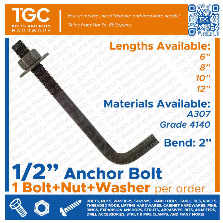 1SET 1/2 inches Anchor Bolt LType A307 4140 BI with nut and washe
