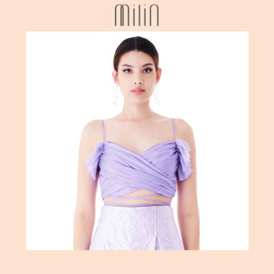 [MILIN] Wave chiffon draped cross front with frill top เสื้อสายเดี่ยว ผ้าชีฟอง เดรปไขว้หน้า แต่งระบายและสายผูกเอว Monach Top สีชมพู/ สีม่วง/ สีเหลือง/ สีเบจ