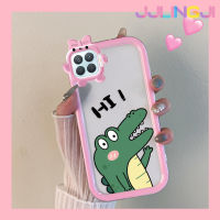 Jjlingji เคสสำหรับ OPPO A93 2020 F17 Pro Reno 4F Reno 4 Lite เคสลายไดโนเสาร์น่ารักสร้างสรรค์สีสันสดใสน่ารักสัตว์ประหลาดน้อยเลนส์กล้องถ่ายรูปแบบนิ่มซิลิโคนเคสโปร่งใสกันกระแทกแบบใสง่ายเคสป้องกัน