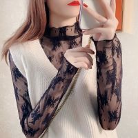 White High Collar Lace Blouse Women Inner Long Sleeve Shirt Autumn New High-grade Foreign Style Hollow Mesh Bottomed Top