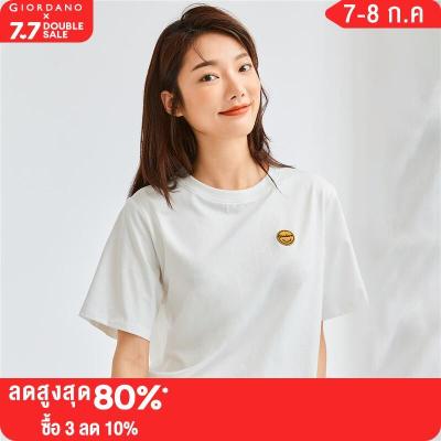 GIORDANO Women T-Shirts Smile Embroidery Cotton Fashion Tee Summer Short Sleeve Solid Color Crewneck Casual Tshirts 05323392
