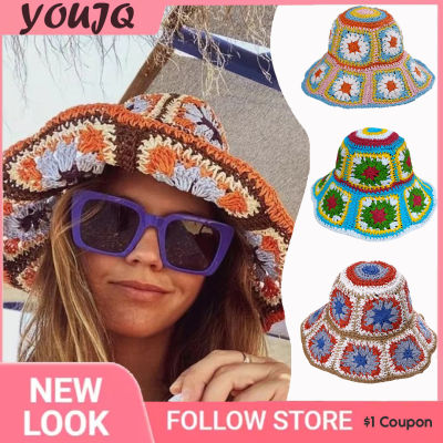 [hot]Colorful Raffia Crochet Bucket Hat Handmade Rainbow Straw Granny Square Flowers Summer Beach Sun Fisherman Hat Gorro Piel кепка