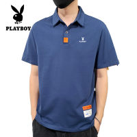 PLAYBOYเสื้อโปโลลำลองผู้ชายธุรกิจปุ่มคอปกแขนสั้นลายหน้าอกเสื้อแขนสั้นสีขาว/สีน้ำเงินเข้ม/สีฟ้า/สีกากี (M-4XL)