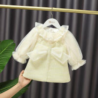 Autumn Baby Girls Sweet Mesh Long Sleeve Dress Ruffled Collar Bow Immortal A-line Princess Dress Kids