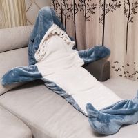 Cartoon Shark Pajamas Playsuit Kids Parents Hooded Warm Flannel Blanket Pajamas Homesuit Funny Homewear For Slumber Party