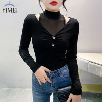 YIMEI เสื้อยืดผู้หญิงผ้าคอตตอนเปิดไหล่เสื้อยืดแขนยาวฟิตเนสแฟชั่น,เสื้อแขนยาวสีดำใหม่สำหรับฤดูใบไม้ร่วง/ฤดูหนาว2023