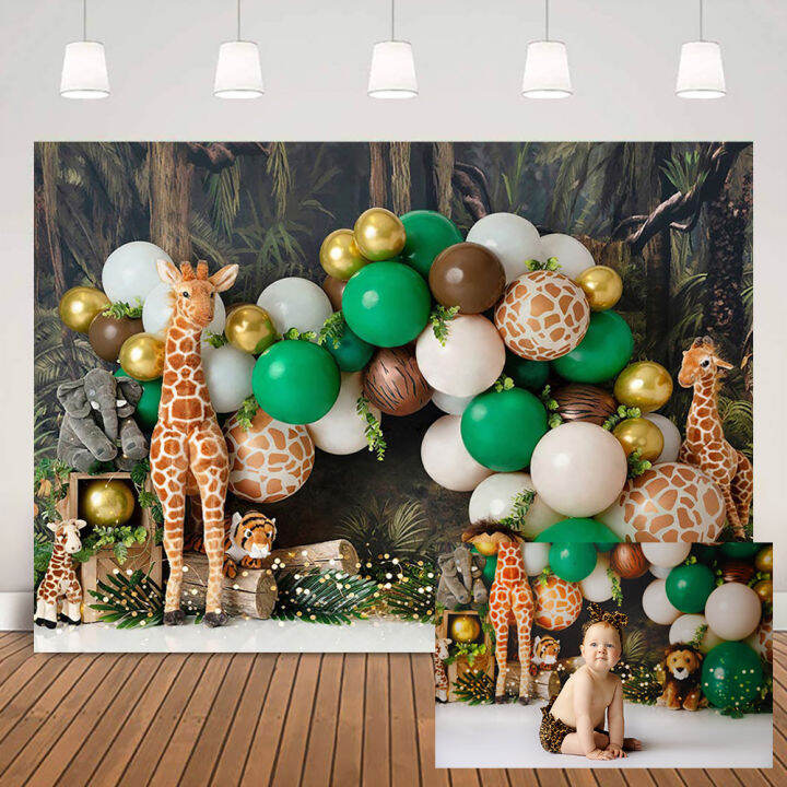 Jungle Kids Cake Smash Backdrops Safari Animals Balloons Baby Birthday 