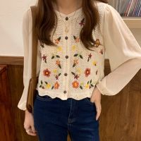 COD DSFERTRETRE Korean Style Women Long Sleeve Hollow Out Lace Autumn Crochet Knitted Shirt Blouse Baju Baju Wanita Lengan Panjang