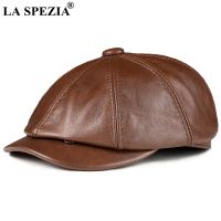 LA SPEZIA Newsboy Cap Men Brown Genuine Leather Octagonal Hat Cowskin Autumn Winter British Style Mens Beret