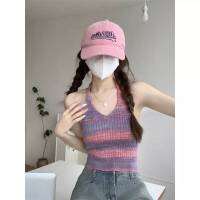 (38CX37)เสื้อกล้ามไหมพรม สีรุ้ง ดีเทลผูกคอ หน้าวี ลายทาง เซ็กซี่ น่ารัก