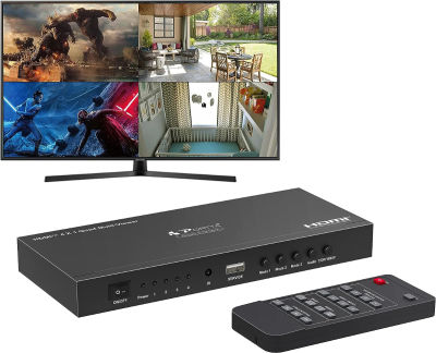 HDMI Multiviewer Switch 4x1, PORTTA HDMI Quad Multi-Viewer Seamless Switcher 4 in 1 Out with Loop, Audio Extractor to Stereo, 1080p, 5 Viewing Modes for Security Camera, Gaming Consoles 4 Port Multiviewer 1080P