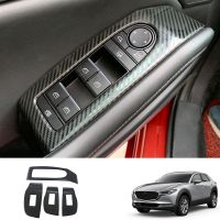 Car Carbon Fiber Window Glass Lift Button Switch Cover Trim Door Armrest Panel For Mazda CX-30 CX30 2020 2021 2022