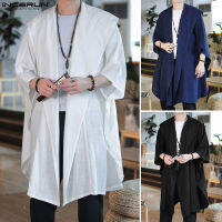 Beehoo INCERUN ผู้ชายแขนยาวลำลอง Hooded Cape Solid Chinoiserie Cardigan (สไตล์เกาหลี)