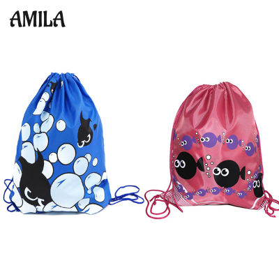AMILA กระเป๋าเป้สะพายหลังสำหรับเด็ก,กระเป๋าเก็บของชายหาดแบบผูกเชือกกระเป๋ากันน้ำพับได้ความจุมาก