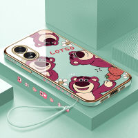 เคสใส่โทรศัพท์สำหรับฟรีสายคล้อง A38 OPPO A18 + การ์ตูนน่ารักหมี Lotso ลายขอบสี่เหลี่ยมชุบเคลือบเคสโทรศัพท์สุดหรูชุบเคสโทรศัพท์นิ่ม