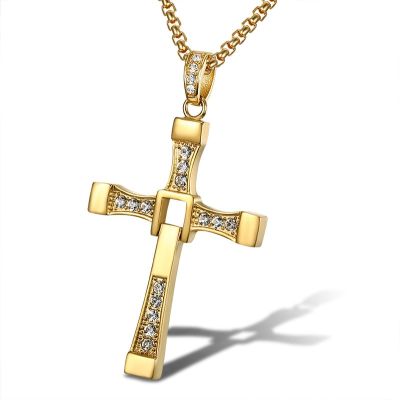 【CW】316L stainless steel Fast and Furious Movies Actor Dominic Toretto Rhinestone Cross Crystal Pendant Chain Necklace Men Jewelry