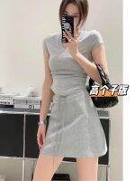 卍 Gray tall lengthened a-line skirt hot girl drawstring hip skirt season womens summer high-waisted sports skirt pants