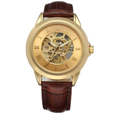 New FORSINING Men Watches Top Luxury Roman Numerals Gold Case Leather Strap Automatic Mechanical Skeleton Dress Wrist Watch