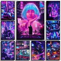 Neon Art ภาพวาดผ้าใบ-Cyberpunk City, Biker,สาวอะนิเมะ,ตำรวจ,Flyingcar โปสเตอร์-ผ้าใบพิมพ์ภาพผนังศิลปะสำหรับห้องนั่งเล่น