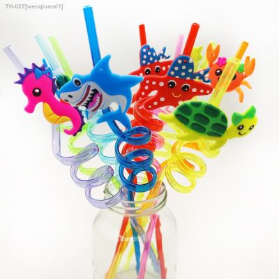 ∋ 8pcs 25cm Reusable Sea Animal Straws Birthday Ocean Shark Theme Plastic Drinking Straw Kids Baby Shower Birthday Party Supplies