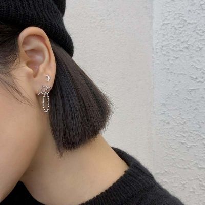 [COD] Gumao tassel asymmetrical earrings womens and simple cold temperament moon ball chain tide
