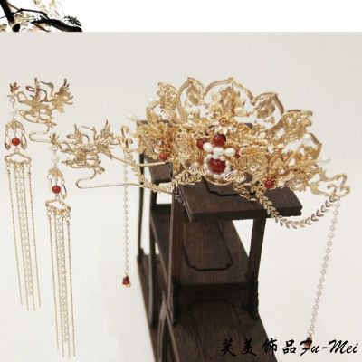 （HOT) เครื่องประดับ Hanfu แสดงชุดกิโมโนมงกุฎผมชุดปิ่นปักผมสีแดงและสีทองที่งดงามทำจากราชวงศ์หมิง