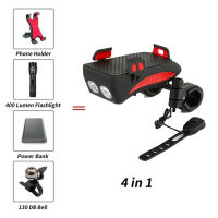 4 in 1 Bicycle Front Light with Bike Horn Bell USB Rechargeable Lamp Lantern Cycling Flashlight with Phone Holder as