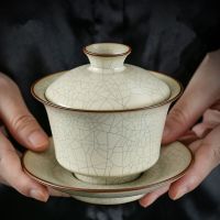 Ru Kiln Sancai Cover Bowl Single High-End Kungfu Tea Set Ice Cracked Chinese Large Household Tea Bowl Non Hot Tea Cup