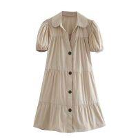 ZZOOI KPYTOMOA Women 2020 Chic Fashion Button-up Loose Mini Dress Vintage Lapel Collar Puff Sleeves Female Dresses Vestidos Mujer