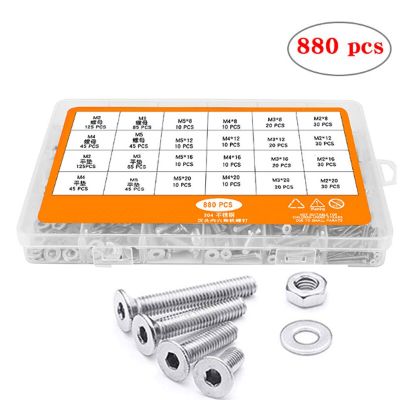 สกรูหัวหกเหลี่ยมแบบมีสแตนเลส304ชิ้น/เซ็ตพร้อมกล่องขายปลีกมีแผ่นแบนน็อตสกรู