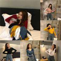 FASHIONJEANS_SHOP  Knitted V-neck เสื้อไหมพรมคอวีสีพื้นแขนยาว #9967