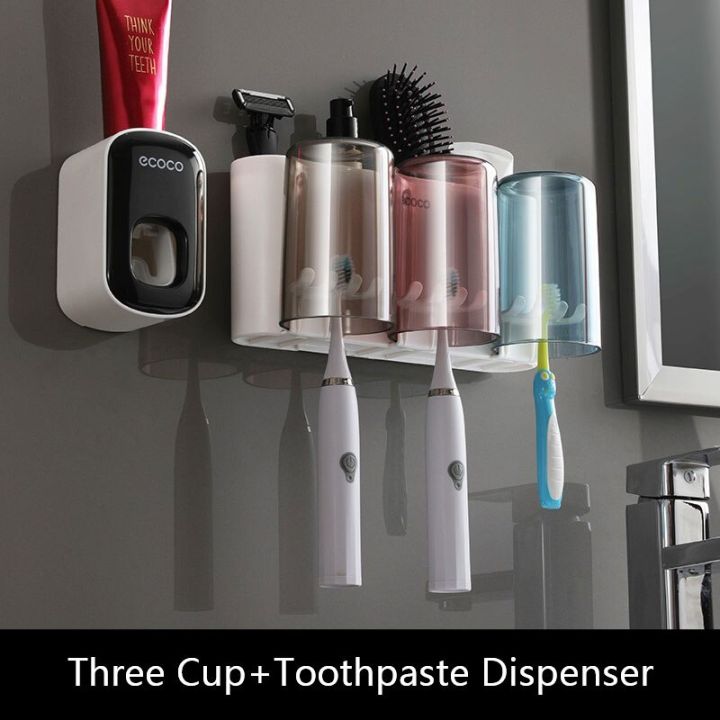 ecoco-ที่ใส่แปรงสีฟันอเนกประสงค์พร้อมถ้วยเก็บที่ยึดผนังตู้ชุดอุปกรณ์เสริมห้องอาบน้ำชั้นวางอุปกรณ์