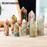 Runyangshi Natural Healing Crystals Green Cherry Blossom Agate Wands Crystal Single Point Tower 6 Faceted Reik Chakra Stones