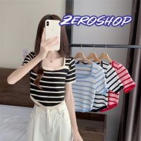 Zero shop?พร้อมส่ง? (Zero-6A309) เสื้อไหมพรมแขนสั้น คอกลม ลายทางดีเทลปลายโค้งเก๋ๆ