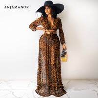 【LZ】¤○  ANJAMANOR-Leopard Imprimir Chiffon Blusa e Maxi Saias Sexy Conjuntos De Combinação Beach Wear Roupas de férias D41-EC38 2 Pcs Set