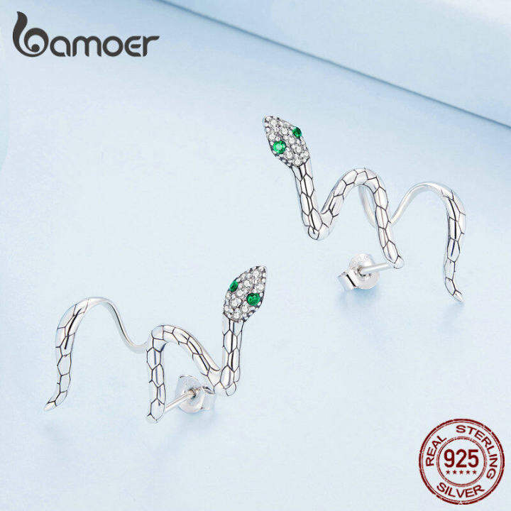 bamoer-ต่างหูเงินแท้925สีเขียว-zircon-snake-stud-earrings-ไม่สม่ำเสมอสำหรับผู้หญิง-cool-fashion-fine-jewelry-bse763zzth