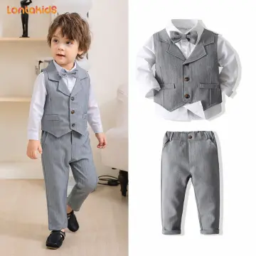 4Pcs Kids Baby Boys Gentleman Outfits Party Formal Suit+Shirt+Bow Tie+Pants  Set